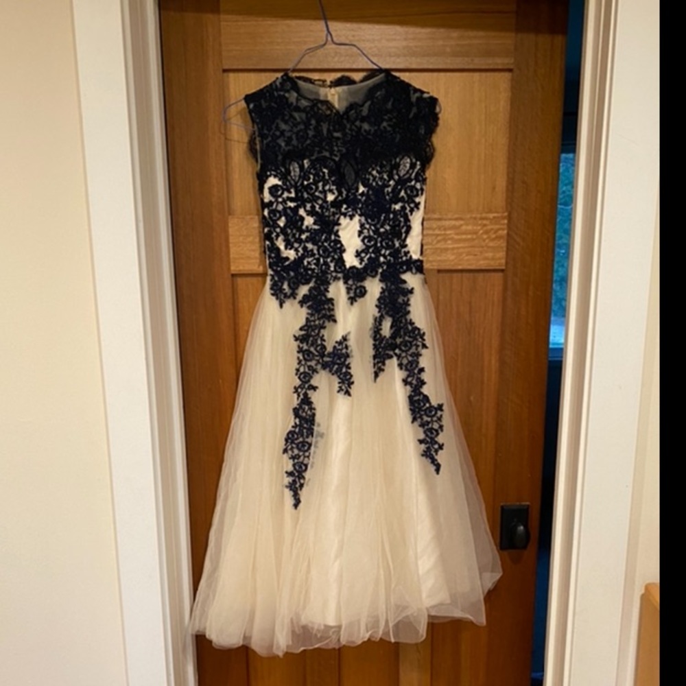 Tulle White And Navy Dress With Floral Embroidery